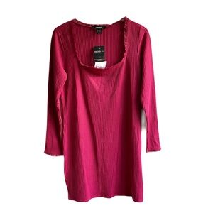 Forever 21 Long Sleeve Ribbed Knit Sweater Dress Size 0X Berry Ruffle Squareneck